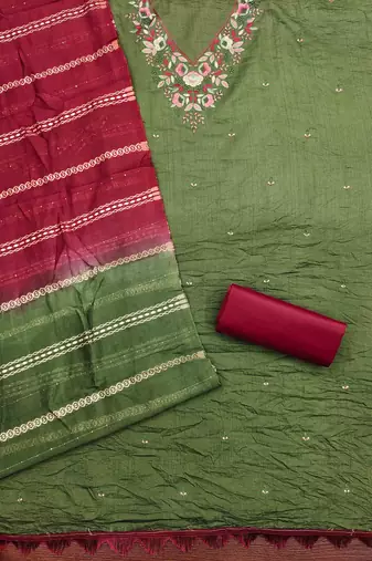 green cotton blend embroidered unstitched dressmaterials 3 pair top bottom dupptaa