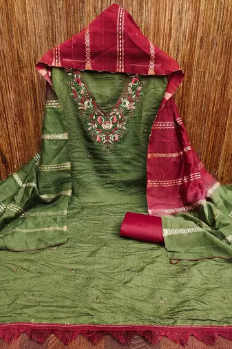 green cotton blend embroidered unstitched dressmaterials 3 pair top bottom dupptaa