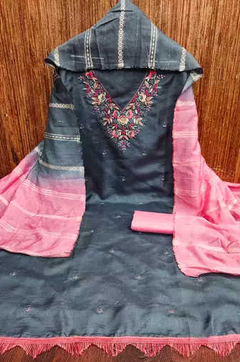 grey cotton blend embroidered unstitched dressmaterials 3 pair top bottom dupptaa