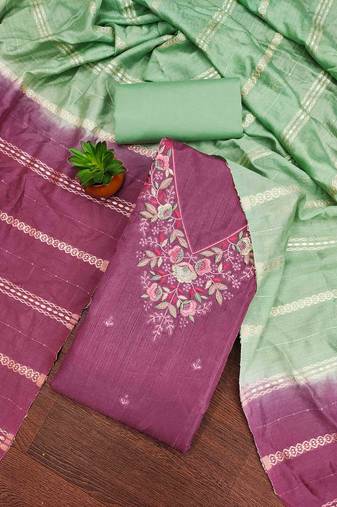 pink cotton blend embroidered unstitched dressmaterials 3 pair top bottom dupptaa