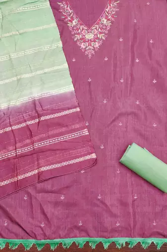 pink cotton blend embroidered unstitched dressmaterials 3 pair top bottom dupptaa