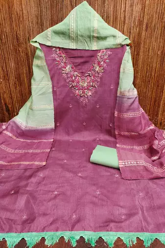 pink cotton blend embroidered unstitched dressmaterials 3 pair top bottom dupptaa