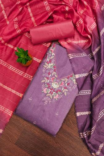 purple cotton blend embroidered unstitched dressmaterials 3 pair top bottom dupptaa
