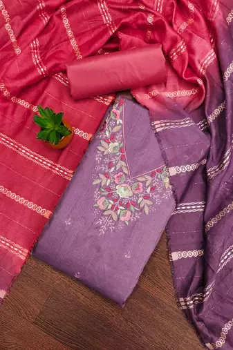 purple cotton blend embroidered unstitched dressmaterials 3 pair top bottom dupptaa