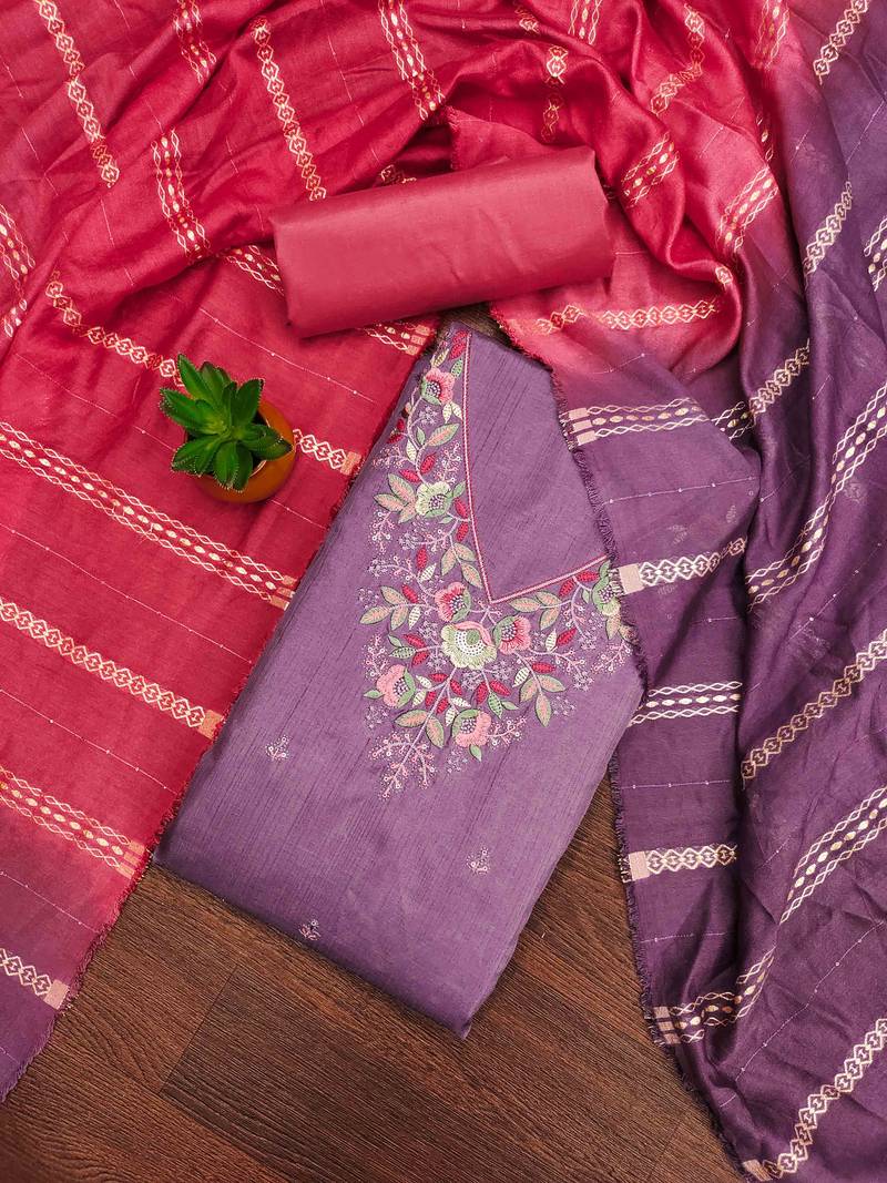 purple cotton blend embroidered unstitched dressmaterials 3 pair top bottom dupptaa