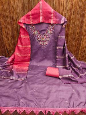 purple cotton blend embroidered unstitched dressmaterials 3 pair top bottom dupptaa 3