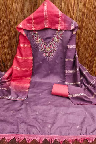 purple cotton blend embroidered unstitched dressmaterials 3 pair top bottom dupptaa