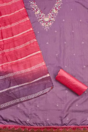 purple cotton blend embroidered unstitched dressmaterials 3 pair top bottom dupptaa