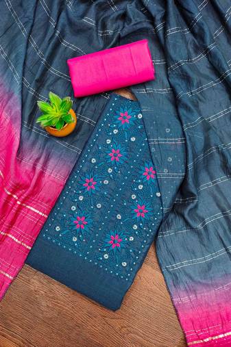 aqua cotton blend embroidered unstitched dressmaterials 3 pair top bottom dupptaa