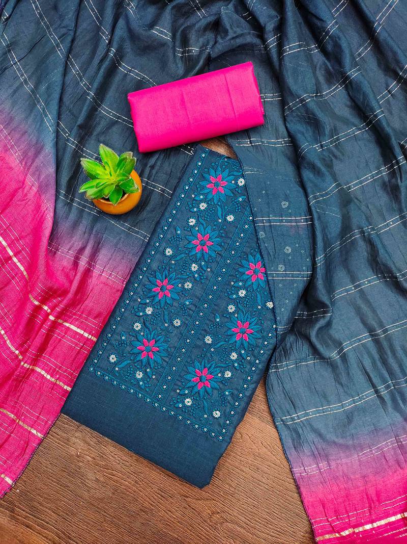 aqua cotton blend embroidered unstitched dressmaterials 3 pair top bottom dupptaa
