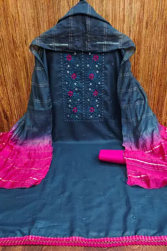 aqua cotton blend embroidered unstitched dressmaterials 3 pair top bottom dupptaa