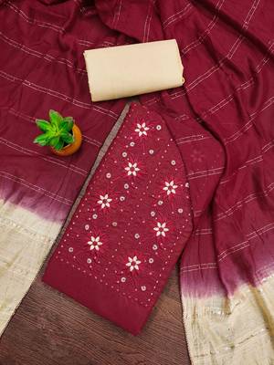 maroon cotton blend embroidered unstitched dressmaterials 3 pair top bottom dupptaa 1