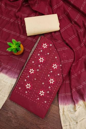 maroon cotton blend embroidered unstitched dressmaterials 3 pair top bottom dupptaa