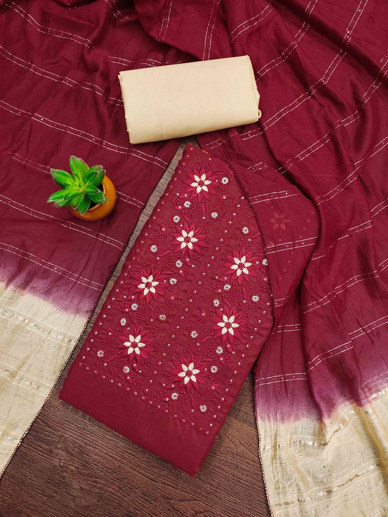 maroon cotton blend embroidered unstitched dressmaterials 3 pair top bottom dupptaa