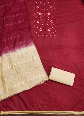 maroon cotton blend embroidered unstitched dressmaterials 3 pair top bottom dupptaa 3