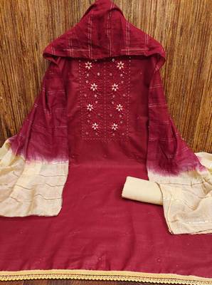 maroon cotton blend embroidered unstitched dressmaterials 3 pair top bottom dupptaa 4