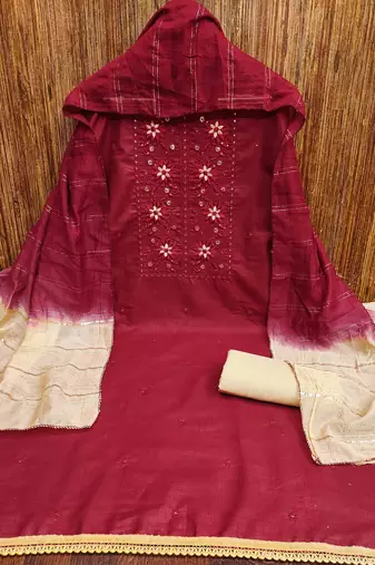 maroon cotton blend embroidered unstitched dressmaterials 3 pair top bottom dupptaa