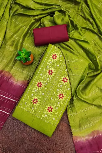 sea green cotton blend embroidered unstitched dressmaterials 3 pair top bottom dupptaa
