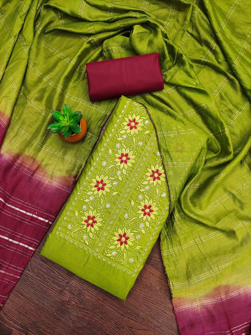 sea green cotton blend embroidered unstitched dressmaterials 3 pair top bottom dupptaa