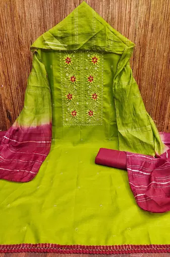 sea green cotton blend embroidered unstitched dressmaterials 3 pair top bottom dupptaa