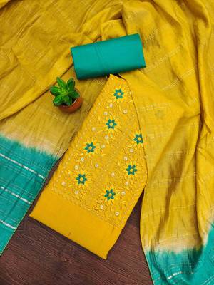 yellow cotton blend embroidered unstitched dressmaterials 3 pair top bottom dupptaa 1