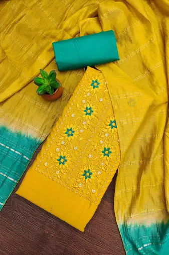 yellow cotton blend embroidered unstitched dressmaterials 3 pair top bottom dupptaa