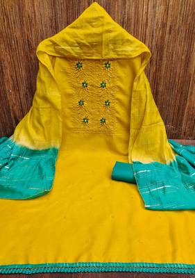yellow cotton blend embroidered unstitched dressmaterials 3 pair top bottom dupptaa 2