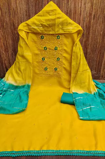 yellow cotton blend embroidered unstitched dressmaterials 3 pair top bottom dupptaa