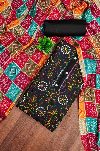 black cotton blend embroidered unstitched dressmaterials 3 pair top bottom dupptaa