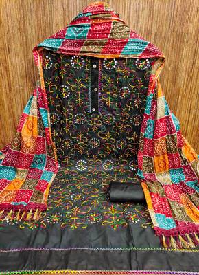 black cotton blend embroidered unstitched dressmaterials 3 pair top bottom dupptaa 3