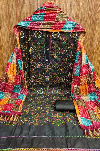 black cotton blend embroidered unstitched dressmaterials 3 pair top bottom dupptaa