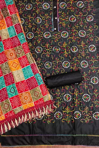 black cotton blend embroidered unstitched dressmaterials 3 pair top bottom dupptaa