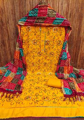 gold cotton blend embroidered unstitched dressmaterials 3 pair top bottom dupptaa 3
