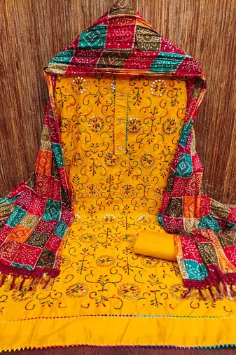 gold cotton blend embroidered unstitched dressmaterials 3 pair top bottom dupptaa