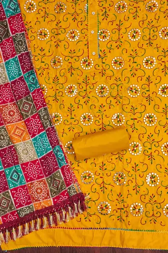 gold cotton blend embroidered unstitched dressmaterials 3 pair top bottom dupptaa