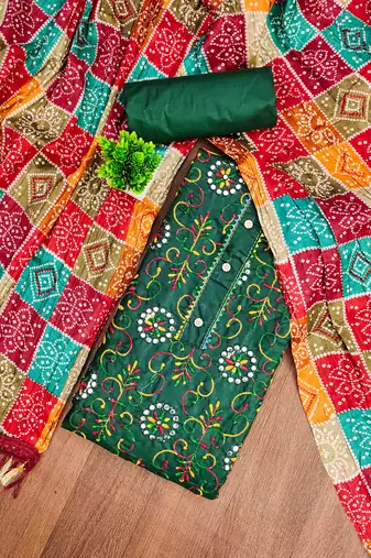 green cotton blend embroidered unstitched dressmaterials 3 pair top bottom dupptaa