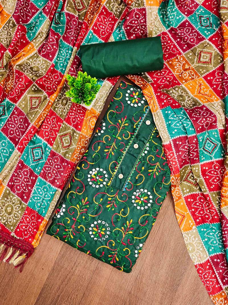 green cotton blend embroidered unstitched dressmaterials 3 pair top bottom dupptaa