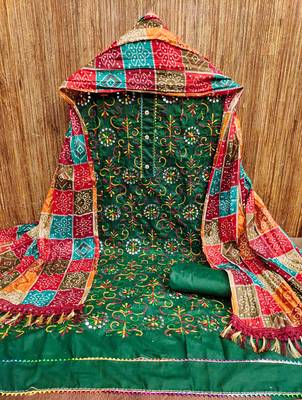 green cotton blend embroidered unstitched dressmaterials 3 pair top bottom dupptaa 3