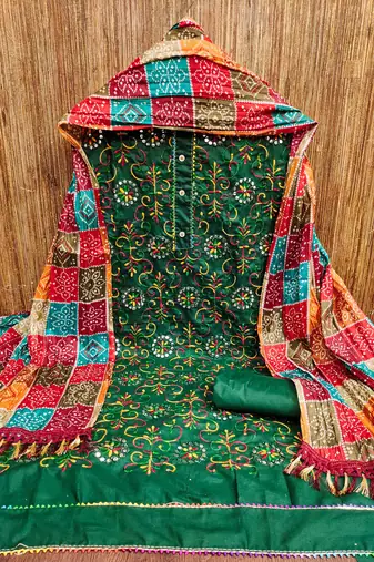 green cotton blend embroidered unstitched dressmaterials 3 pair top bottom dupptaa