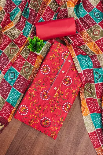 red cotton blend embroidered unstitched dressmaterials 3 pair top bottom dupptaa