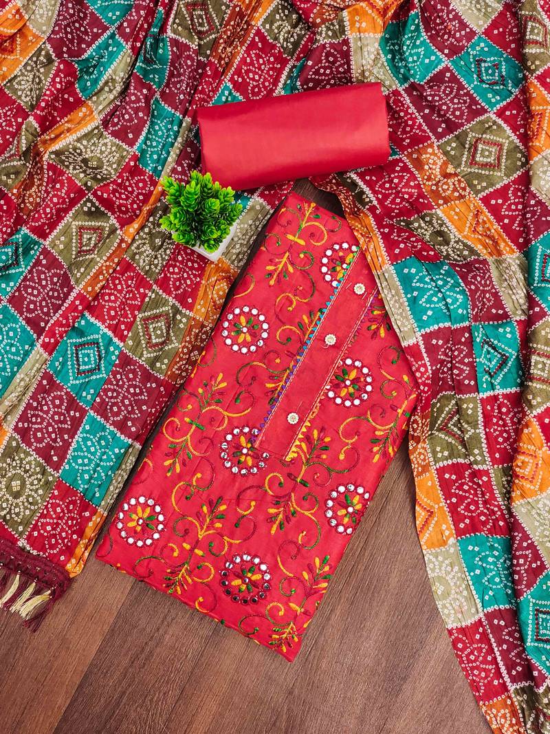 red cotton blend embroidered unstitched dressmaterials 3 pair top bottom dupptaa