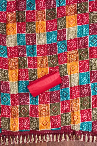 red cotton blend embroidered unstitched dressmaterials 3 pair top bottom dupptaa