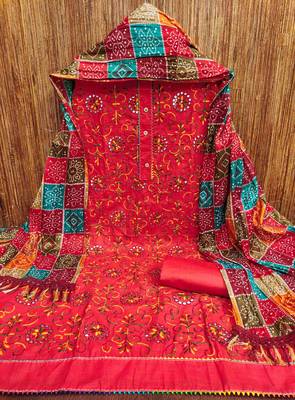 red cotton blend embroidered unstitched dressmaterials 3 pair top bottom dupptaa 3