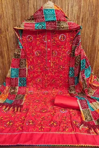 red cotton blend embroidered unstitched dressmaterials 3 pair top bottom dupptaa