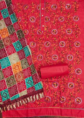 red cotton blend embroidered unstitched dressmaterials 3 pair top bottom dupptaa 4
