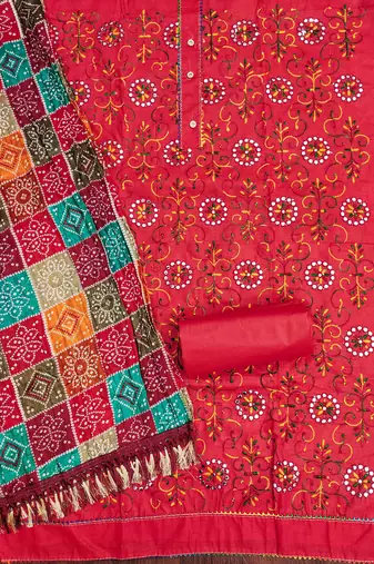 red cotton blend embroidered unstitched dressmaterials 3 pair top bottom dupptaa
