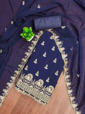 blue georgette embroidered unstitched dressmaterials 3 pair top bottom dupptaa 1