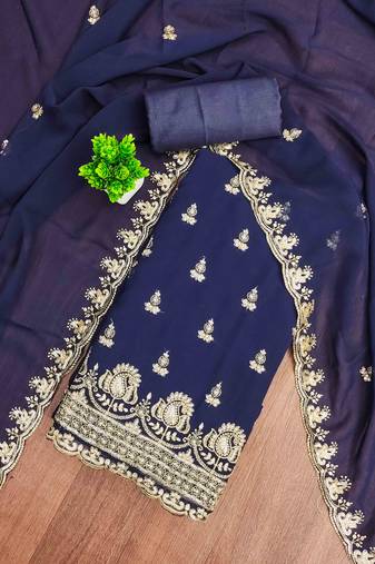 blue georgette embroidered unstitched dressmaterials 3 pair top bottom dupptaa