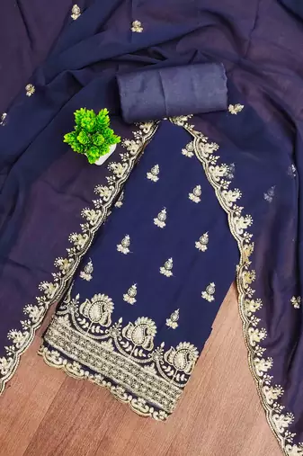 blue georgette embroidered unstitched dressmaterials 3 pair top bottom dupptaa
