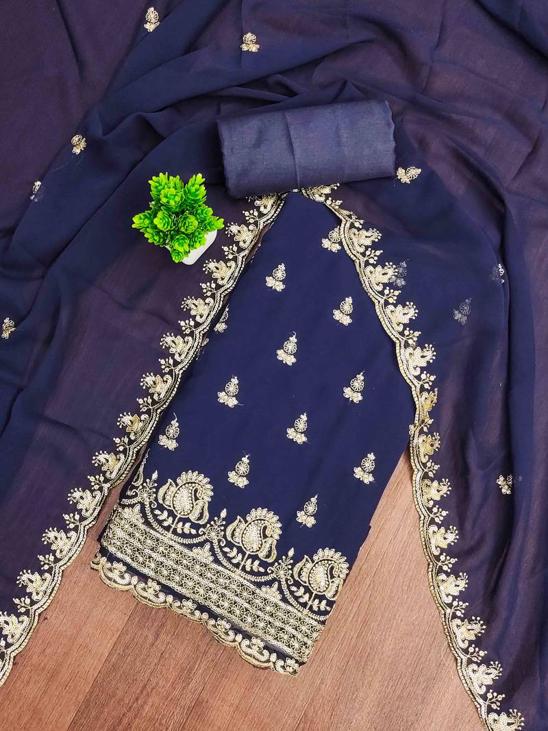 blue georgette embroidered unstitched dressmaterials 3 pair top bottom dupptaa